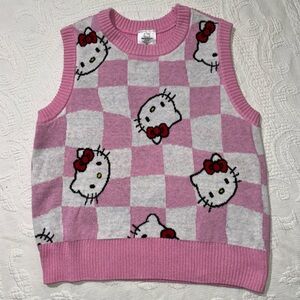 Hello Kitty Women Sweater Vest Sz S Sanrio Pink/White Checkerboard Retro Novelty